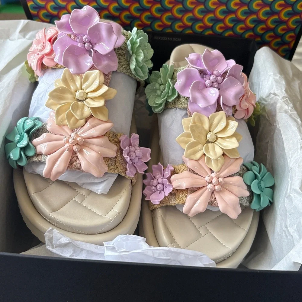 Kurt Geiger Orson Flower Sandals - Multicolor fabric summer size-8 new - Picture 3 of 11